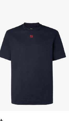 A Fendi men's short-sleeve t-shirt shown on a product page, in dark blue. The Fendi logo is visible on the chest.