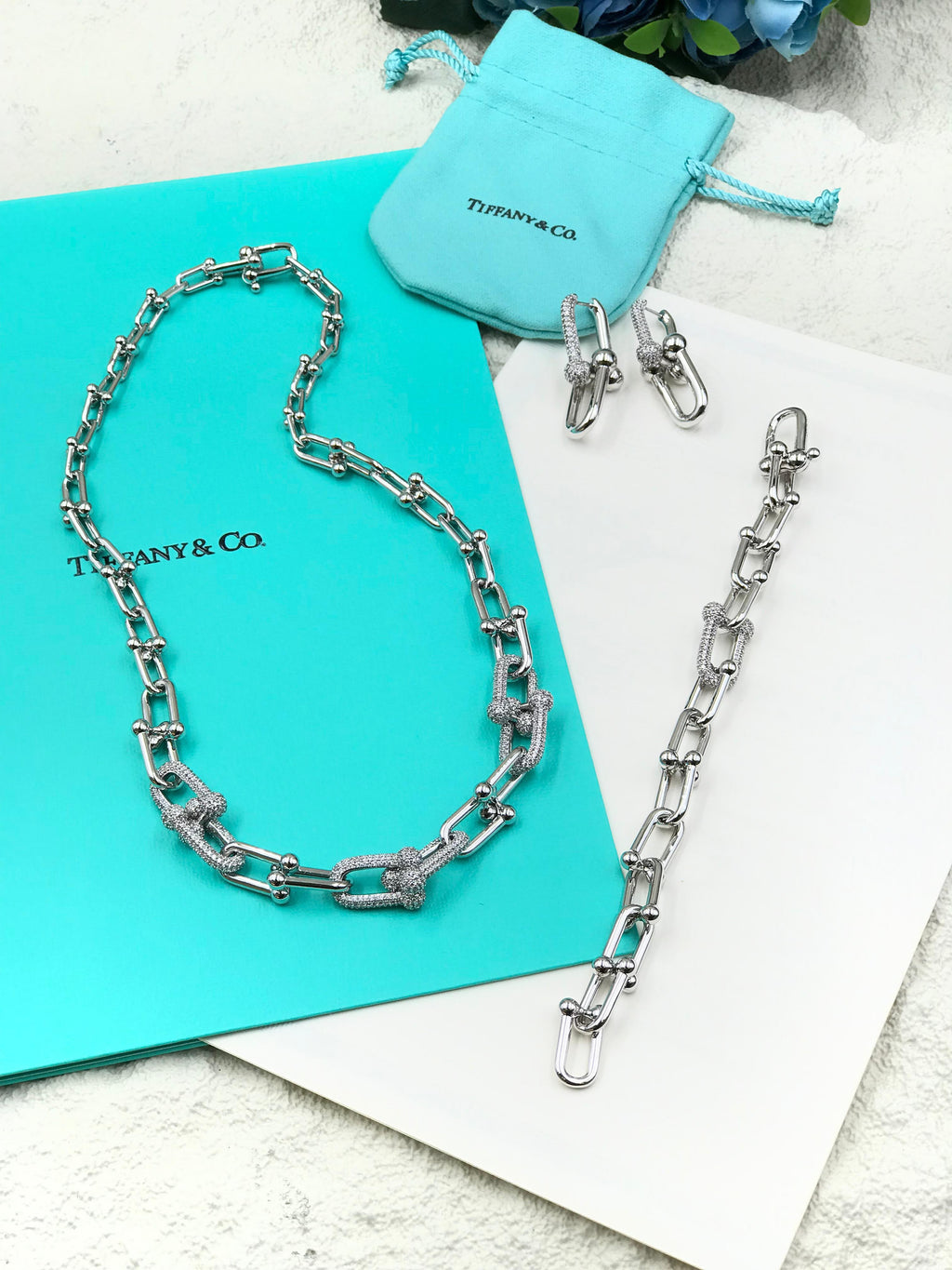 Tiffany & Co. Hardware Silver Necklace, Bracelet, and Earrings