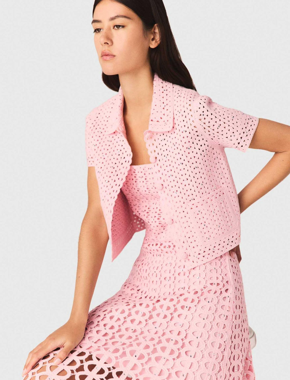 Maje Pink Rhinestone-embellished Crochet Dress