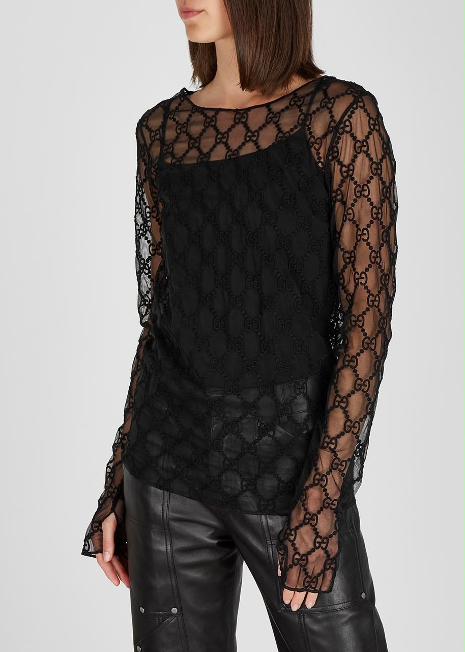 Gucci Black GG-embroidered Tulle Top